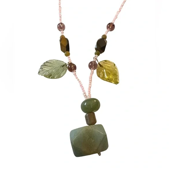 Seed Beaded Necklace with Stones and Glass Leaves with Lobster Claw Clasp - Picture 2 of 3